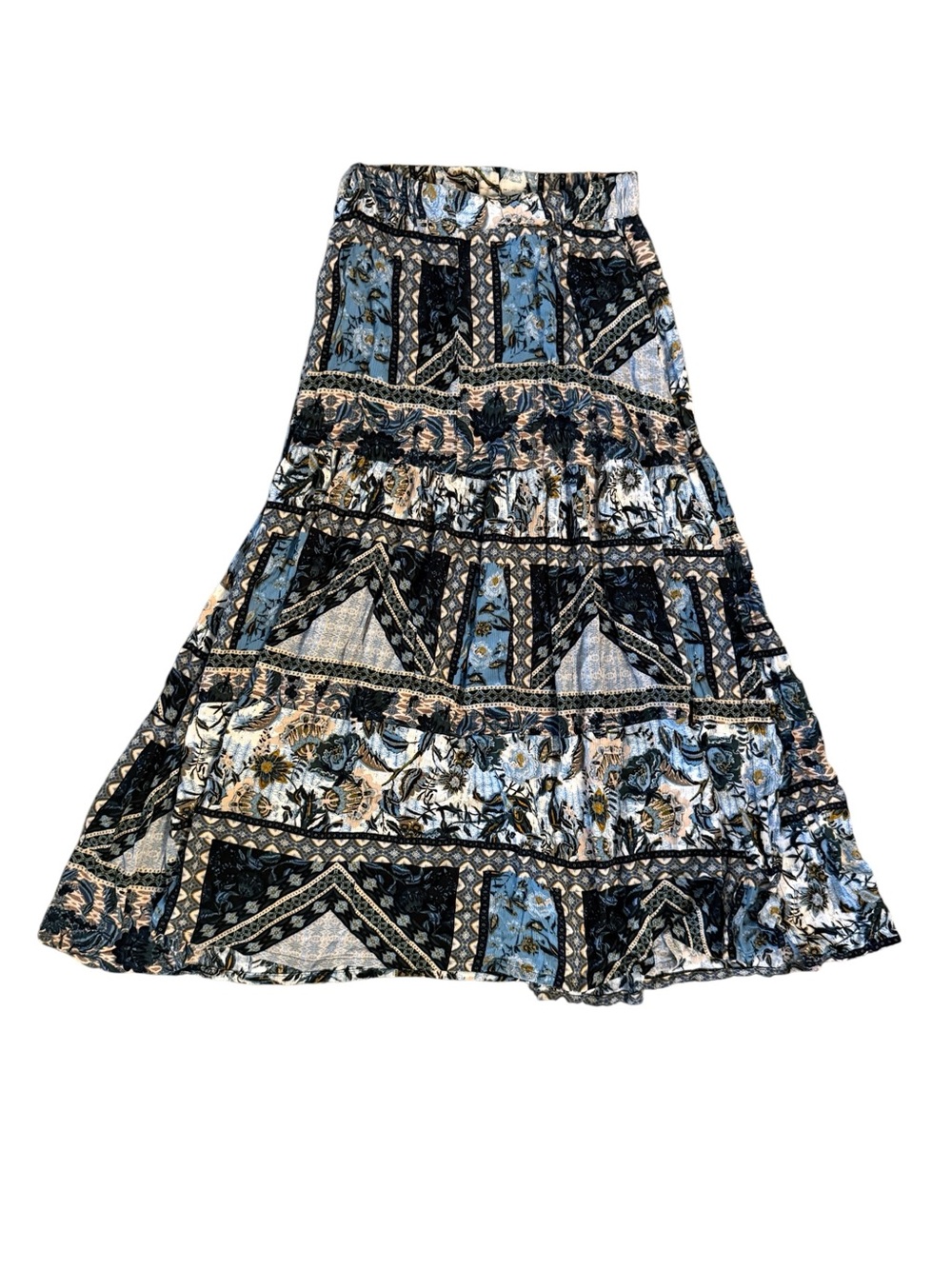 ✨ 2 for $20 ✨ Patchwork-Print Tiered Maxi Skirt in Black & Blue - Picture 4 of 4